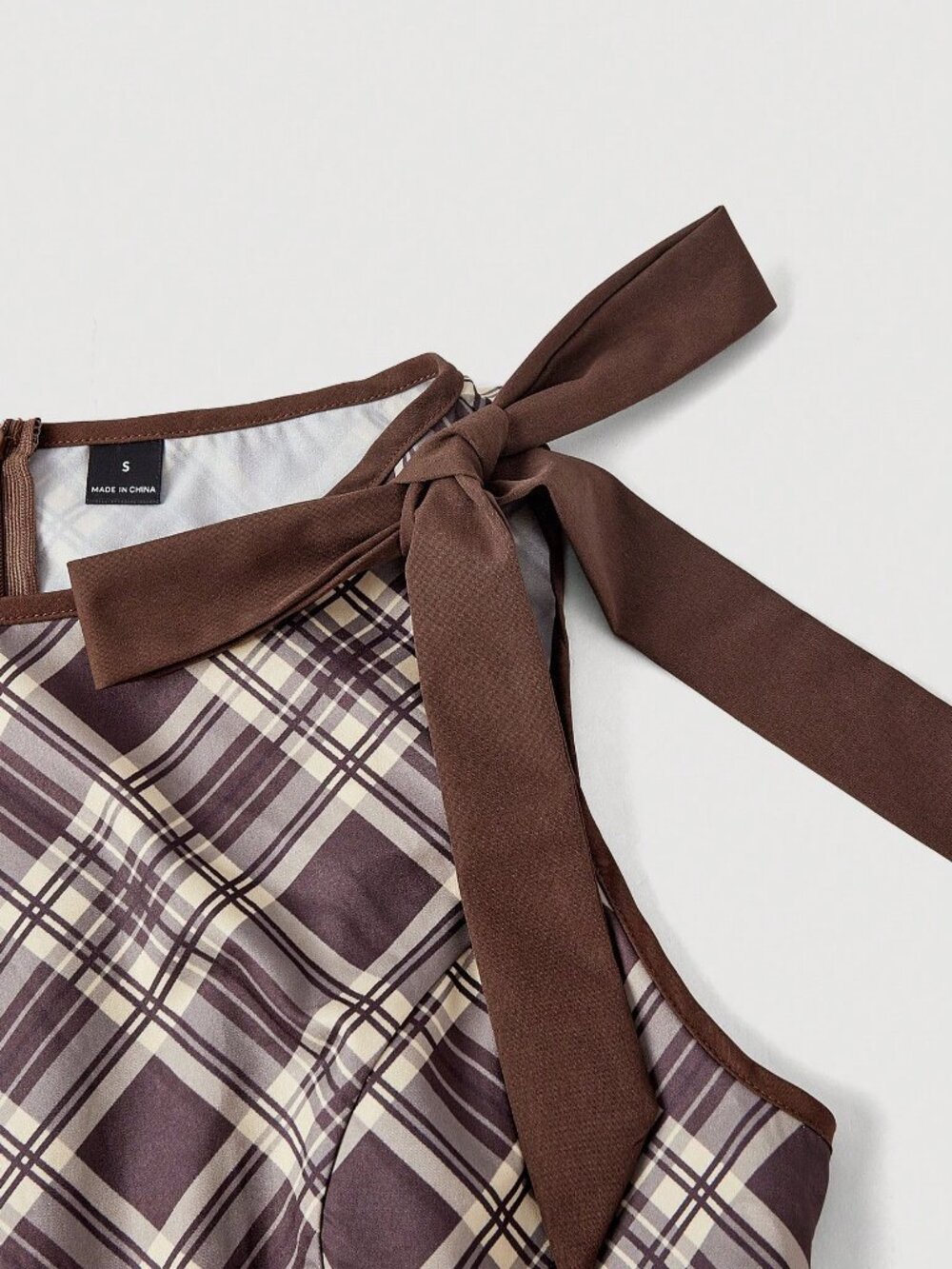 Brown Casual Women's Plaid Bow Decor Sleeveless Jumpsuit - Picture 4 of 6